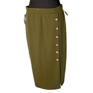 ONE 5 ONE New Army Olive Green Pencil Skirt Midi Button Down Detail Medium